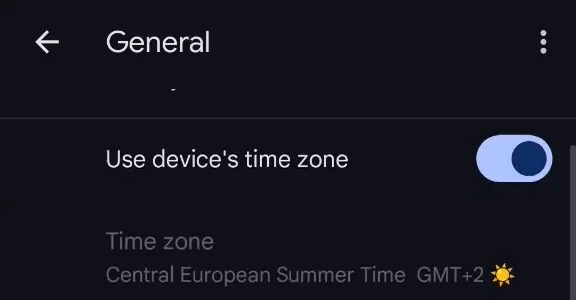 "Use device's time zone" switched on, with the time zone greyed out