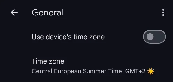 "Use device's time zone" switched off and Time zone set to Central European Summer Time
