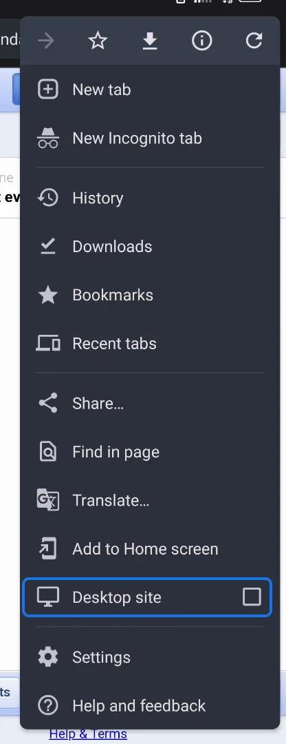 Chrome's menu with Desktop site highlighted