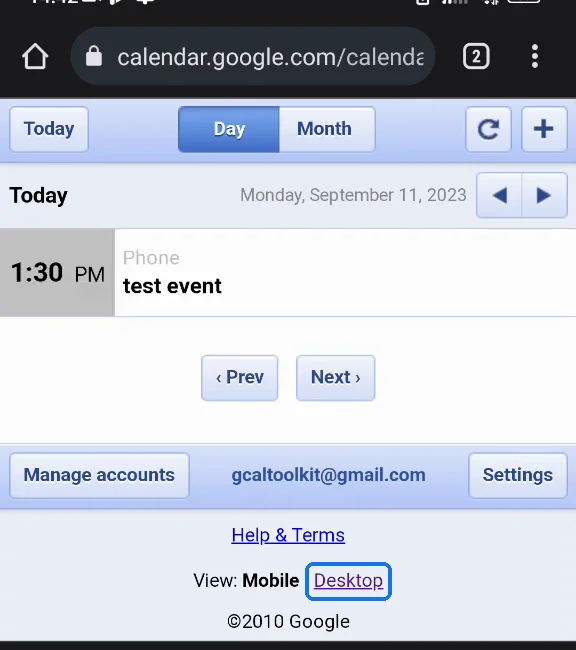 Google Calendar's mobile site, with its Desktop link highlighted at the bottom