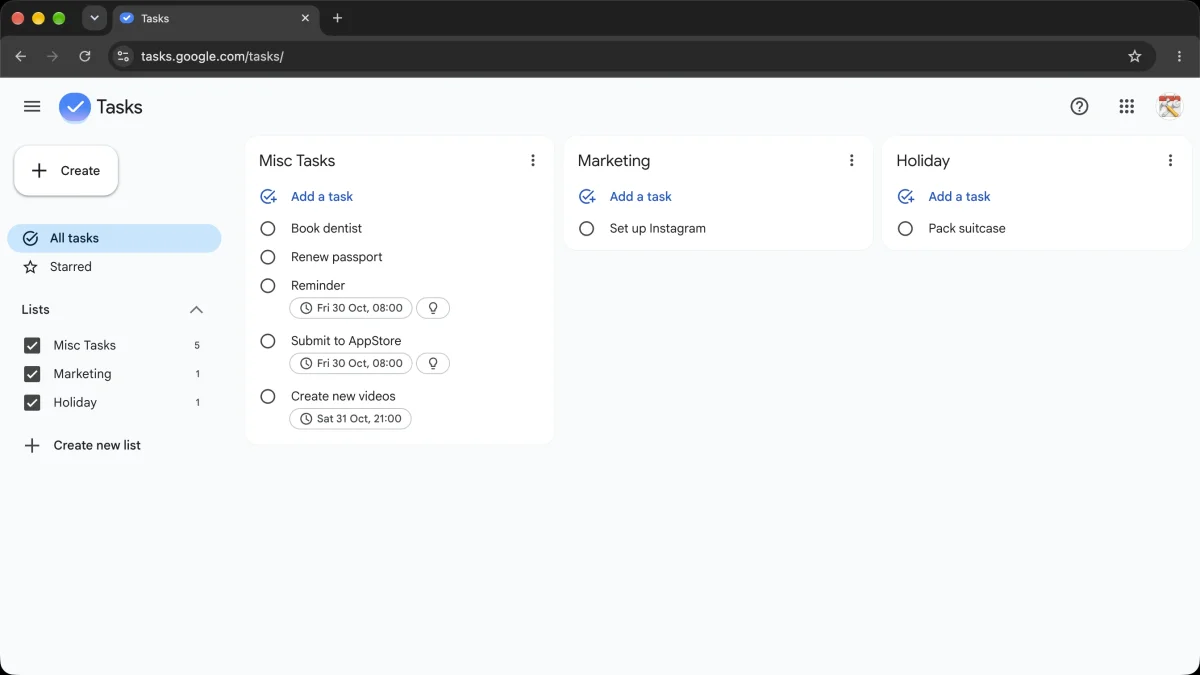 Google Tasks with Book dentist and Renew passport in Misc Tasks, and the Holiday list