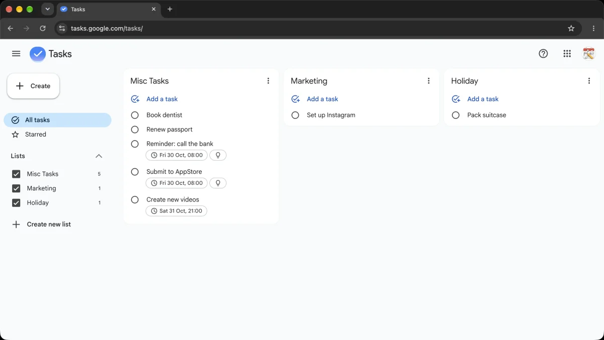 Google Tasks with Book dentist back in Misc Tasks