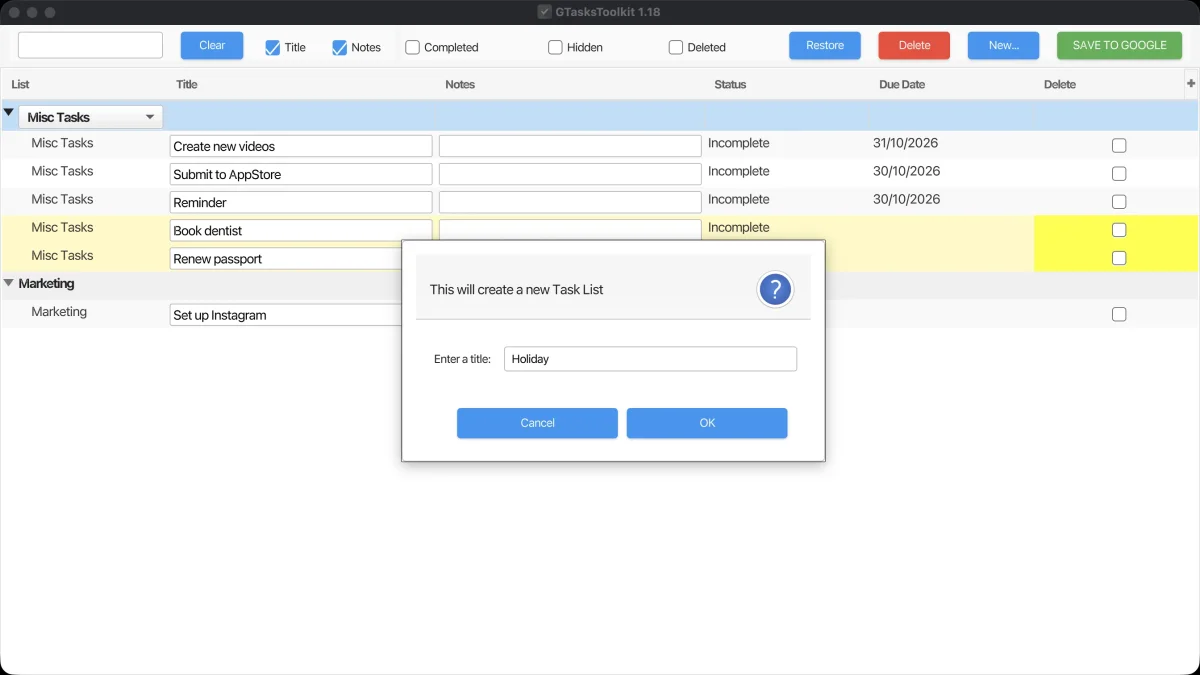 The "Create a new Task List" window with the title "Holiday"