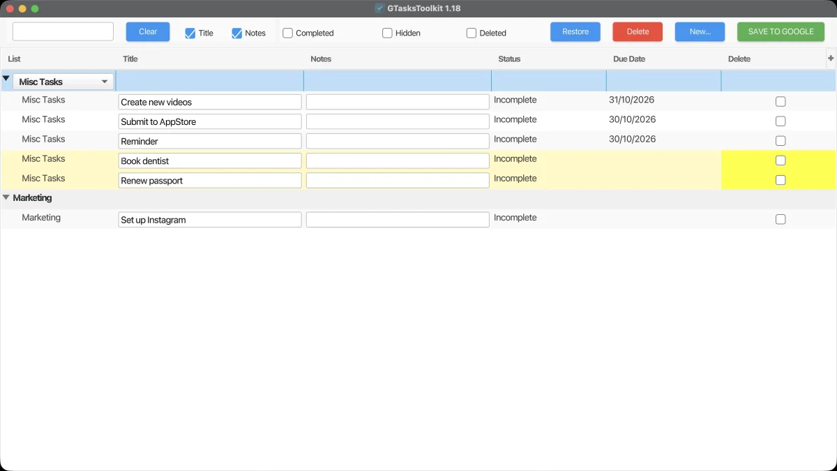 Two new tasks, "Book dentist" and "Renew passport", in yellow in Misc Tasks