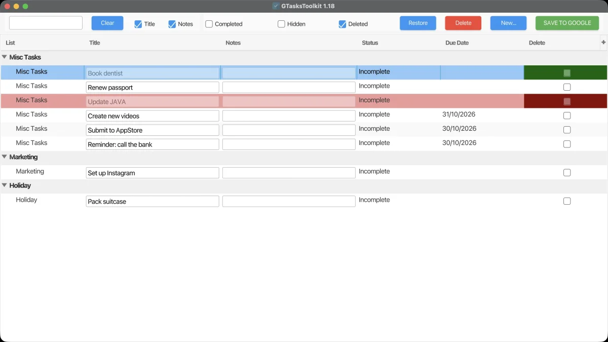 Book dentist marked green to be restored, beside the deleted tasks in red
