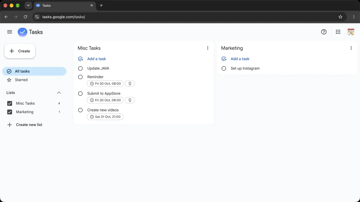 Google Tasks with "Update JAVA" back in Misc Tasks