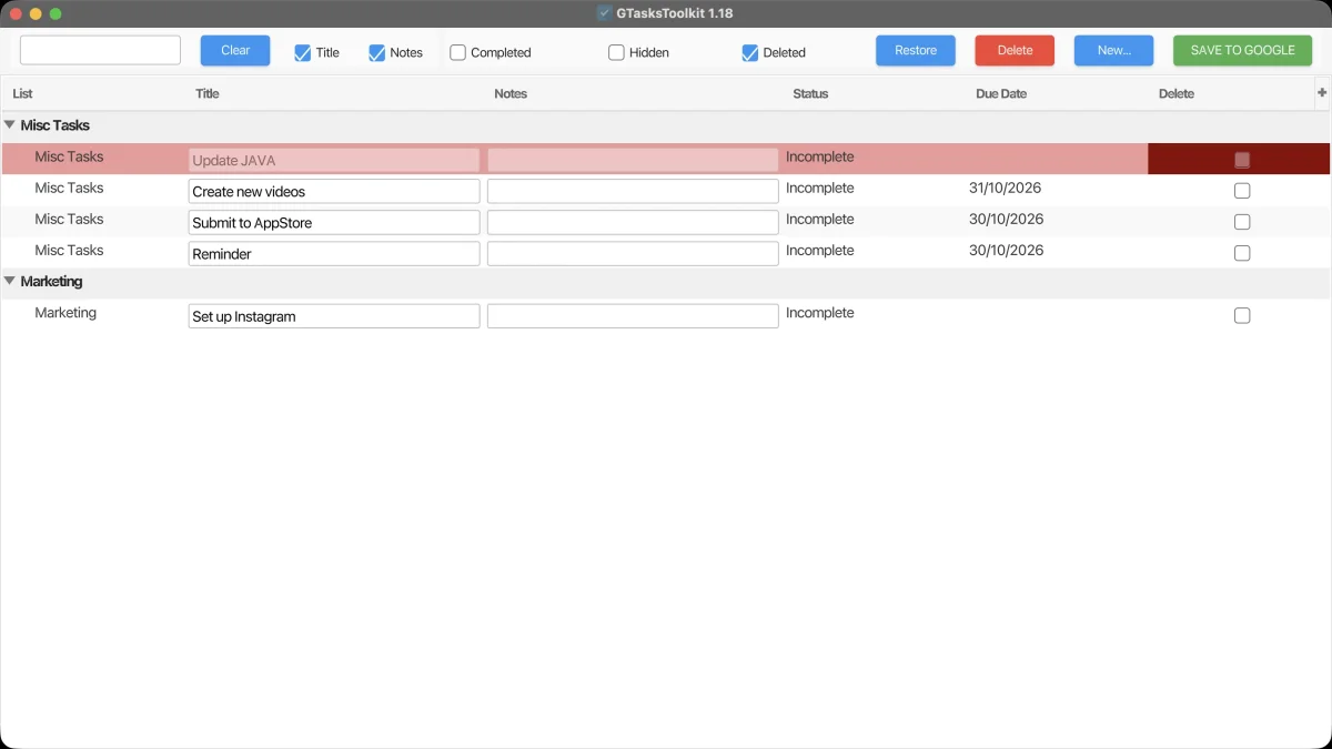 The deleted task "Update JAVA" shown in red with "Deleted" ticked