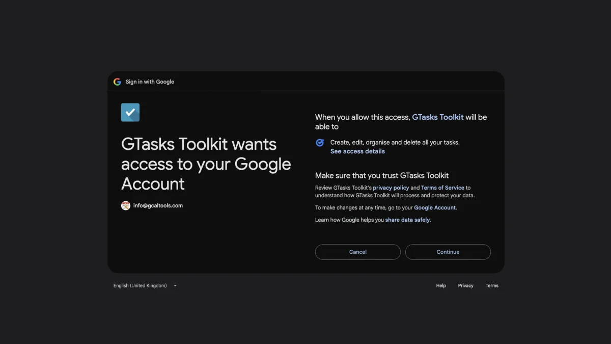 Google's "GTasks Toolkit wants access to your Google Account" screen, with Continue