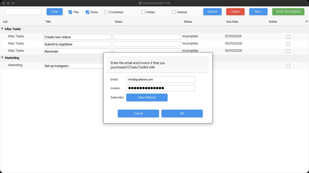 The licence window with the purchase email and invoice number filled in