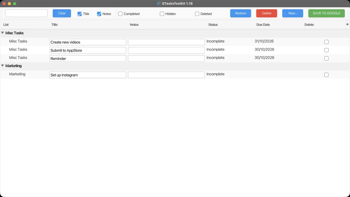 GTasksToolkit showing the Misc Tasks and Marketing lists in one table