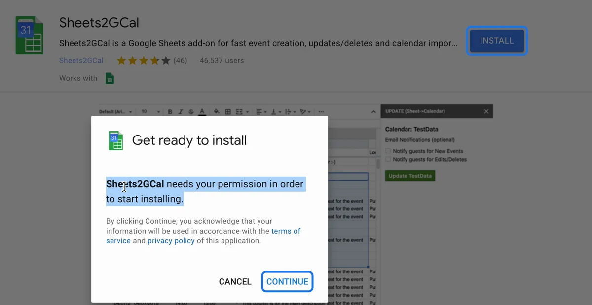 Sheets2GCal in the Marketplace with its Install button, and Get ready to install with Continue