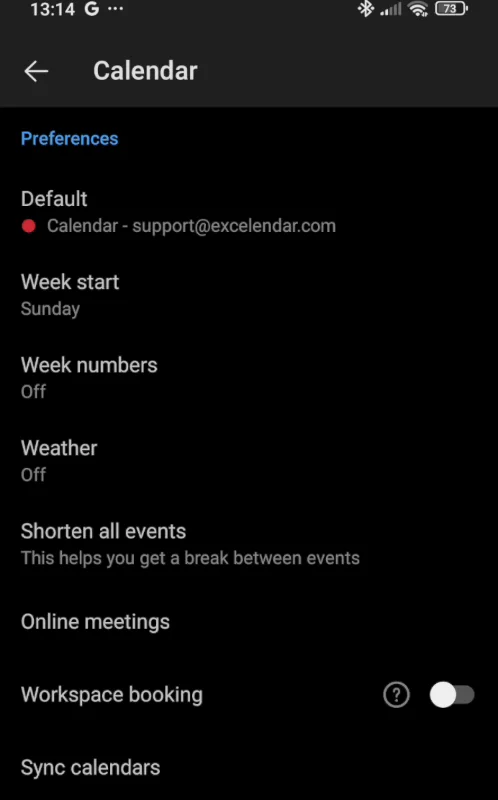 The Outlook app's Calendar settings with Sync calendars at the bottom