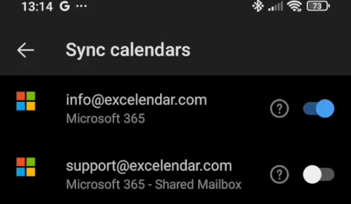Sync calendars with info@excelendar.com switched on
