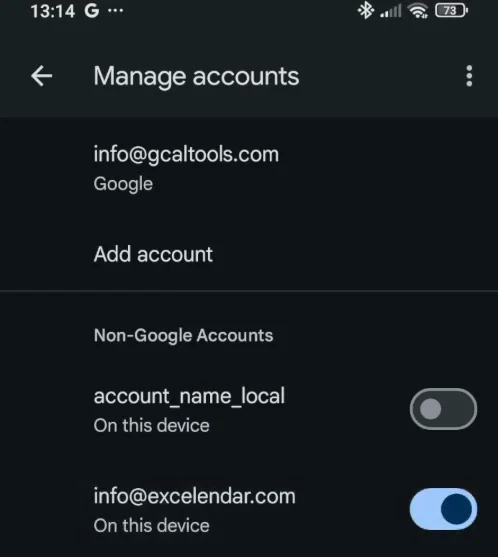 Manage accounts with info@excelendar.com switched on under Non-Google Accounts