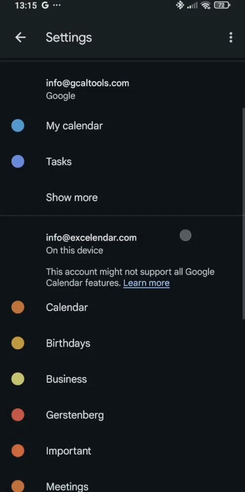 Google Calendar's settings listing the Outlook account's calendars