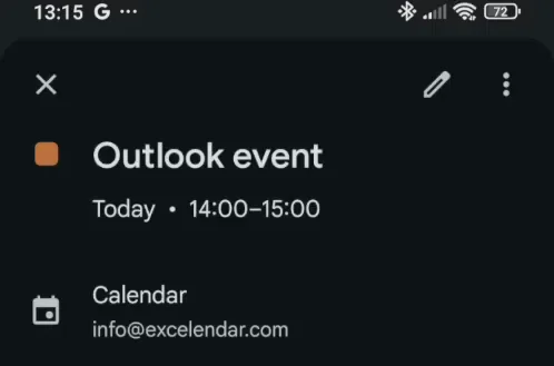 An Outlook event in Google Calendar, on the info@excelendar.com Calendar