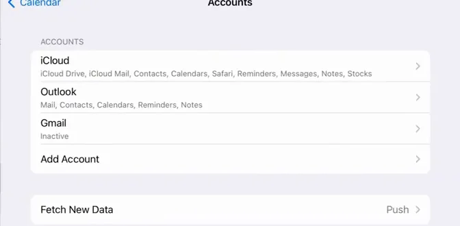 The iOS Calendar settings' Accounts list with iCloud, Outlook and Gmail