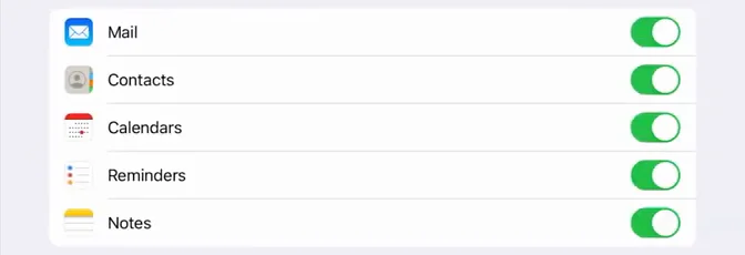 The Outlook account's settings with Calendars switched on