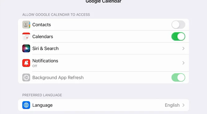 Google Calendar's iOS settings with Calendars switched on