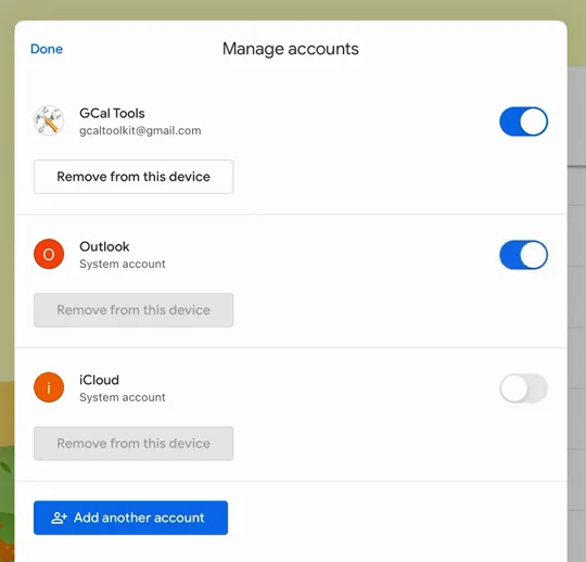 Manage accounts with Outlook switched on