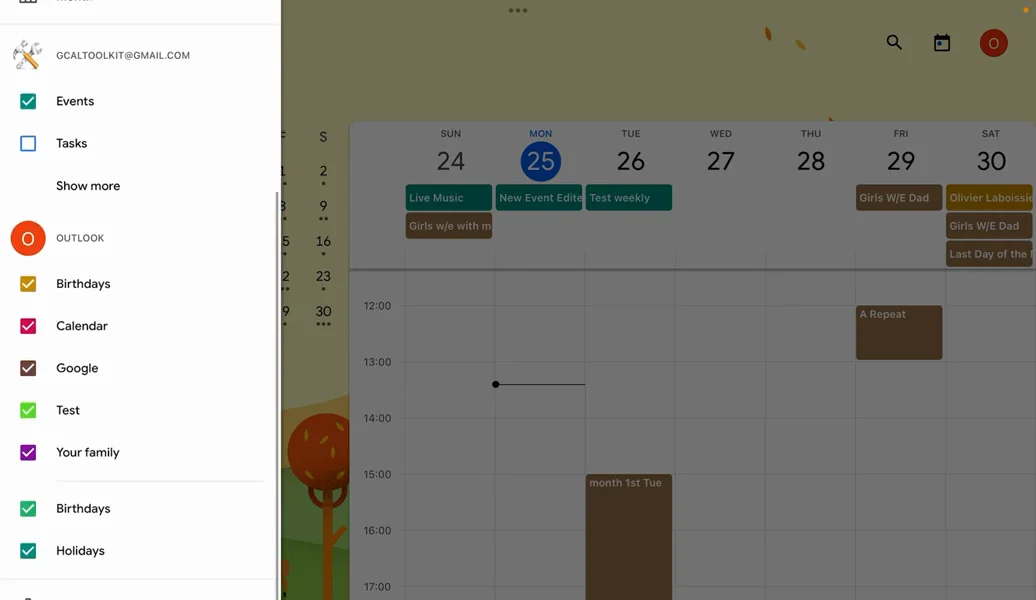 The app's menu with the Outlook account's calendars, and their events in the week