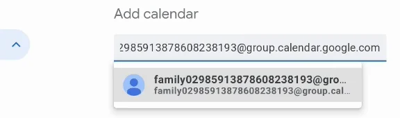 Subscribe to calendar with the Family calendar's ID pasted and suggested