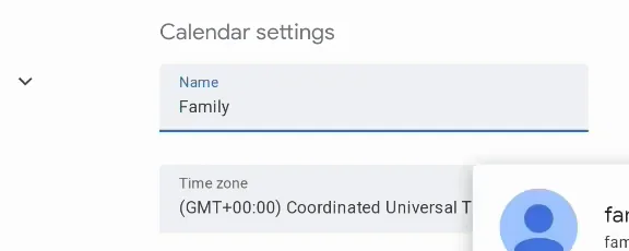 The Family calendar's settings, back in the account