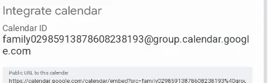 The Family calendar's Integrate calendar section with its Calendar ID