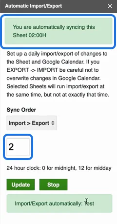 A sheet syncing automatically every day at 2:00, Import > Export