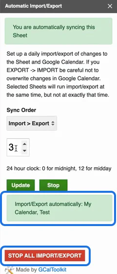 Two sheets syncing automatically, My Calendar and Test, and the button now called Stop all syncing