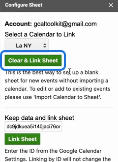 Configure Sheet with a calendar selected and Clear & Link Sheet