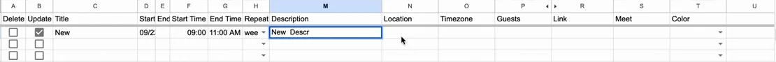 A new weekly event typed into the blank linked sheet