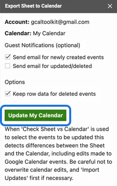The Export Sheet to Calendar sidebar with the guest notification options, Keep row data for deleted events and Update My Calendar