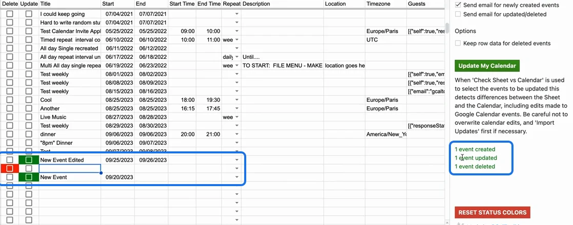 One event created, one updated and one deleted, with the rows marked in green and red