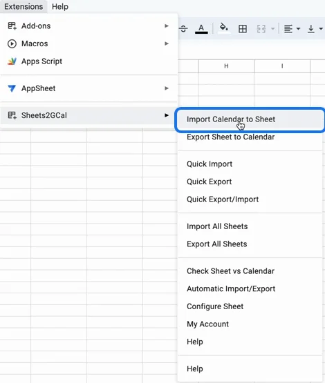 The Sheets2GCal menu under Extensions, as it looked in 2023, with Import Calendar to Sheet