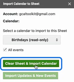 The Import Calendar to Sheet sidebar with a calendar, All events and Clear Sheet & Import Calendar
