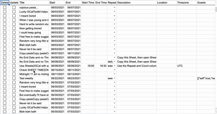 The imported events, one row each, with their Start, End, times, Repeat and Description