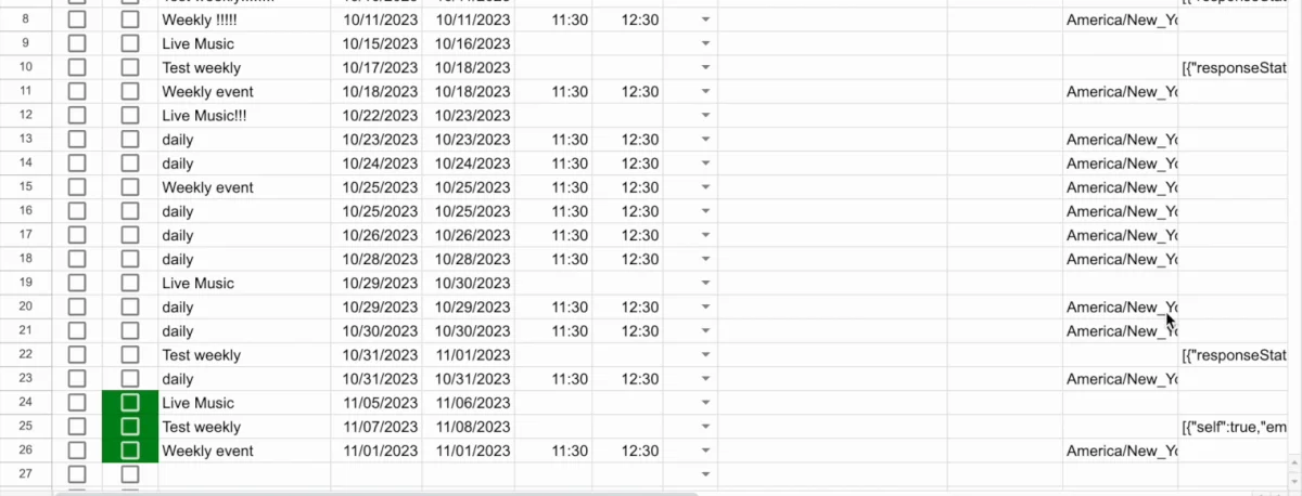 The sheet with the new November events added at the bottom