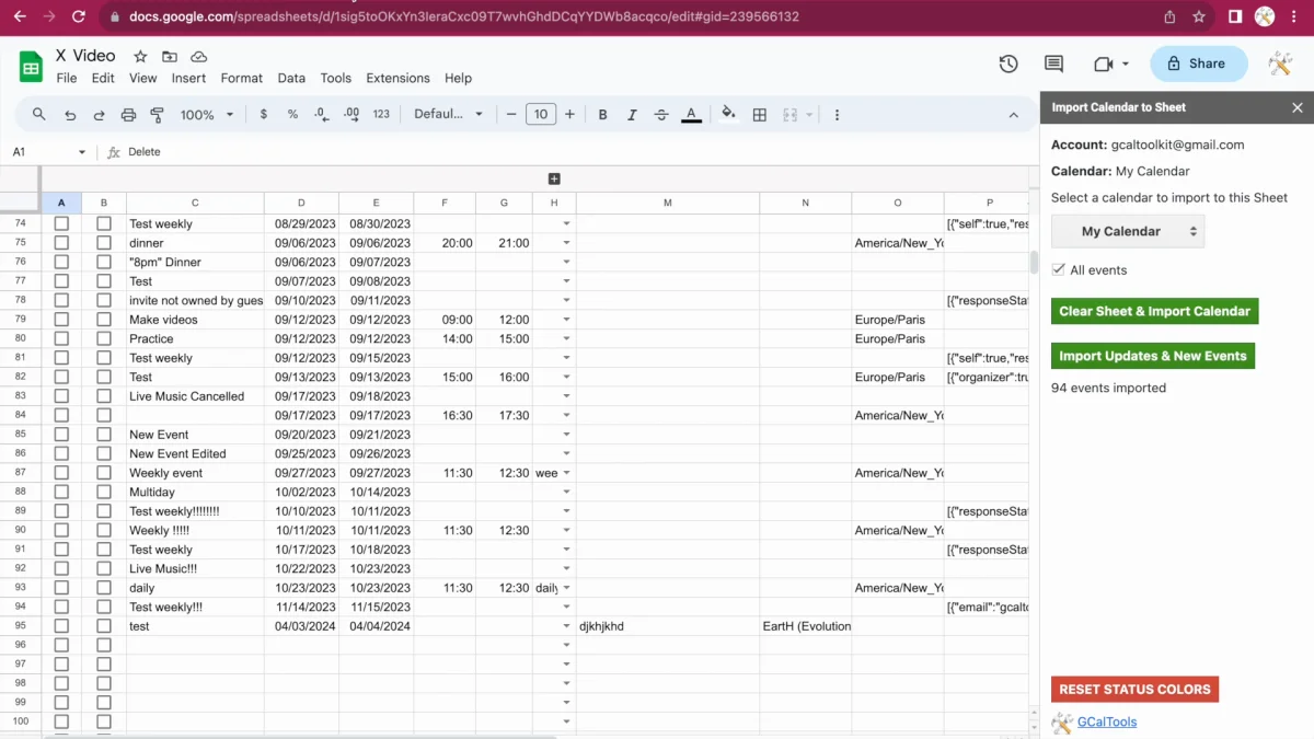 The sheet after importing all events, each repeating event on one row with its repeat, and the status "94 events imported"
