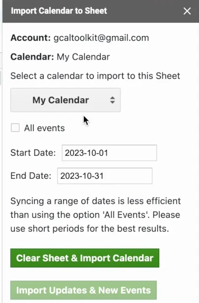 The sidebar with All events unticked, Start Date 2023-10-01 and End Date 2023-10-31