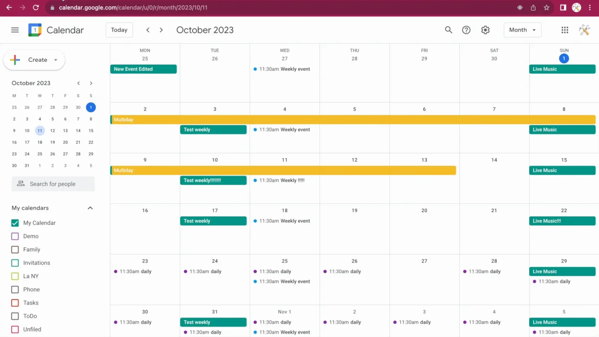 Google Calendar's month view for October 2023, with weekly and daily repeating events