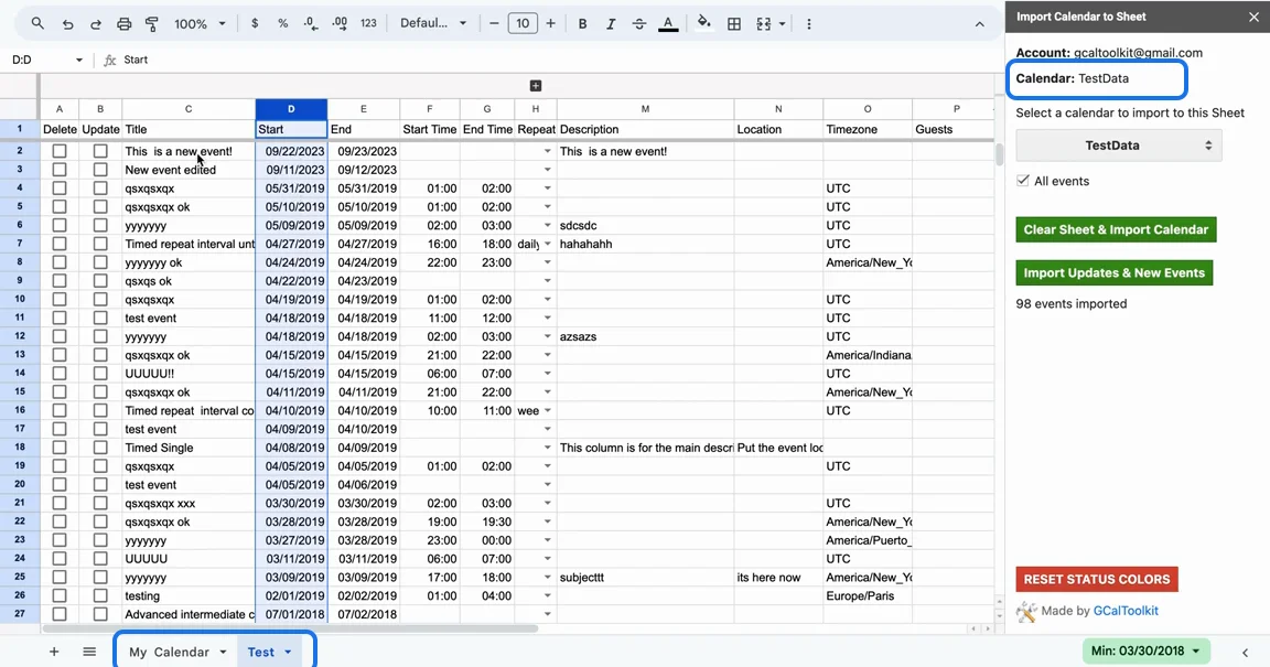 A second sheet, Test, with the TestData calendar's 98 events and its calendar in the sidebar