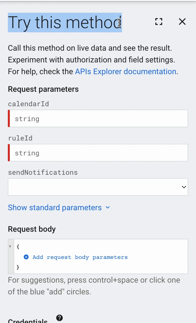 The Try this method panel with calendarId, ruleId and Request body