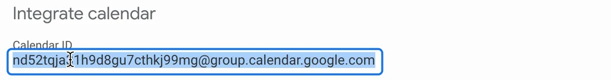The calendar's Integrate calendar section with its Calendar ID selected