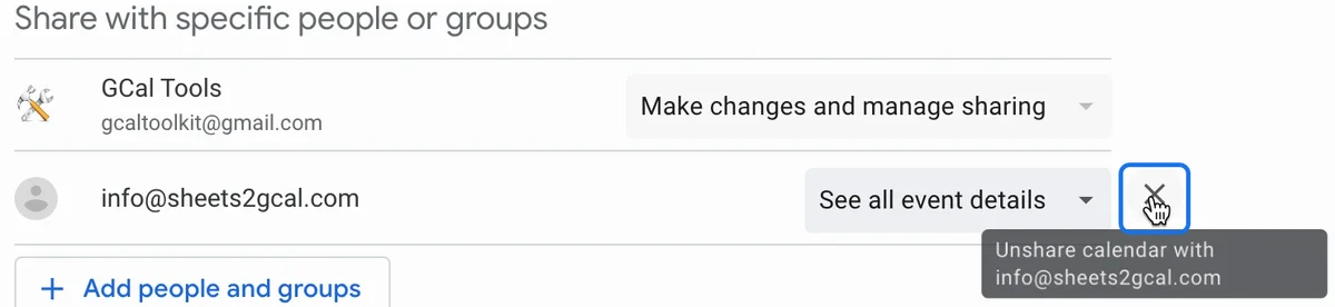 The sharing list with info@sheets2gcal.com and its Unshare calendar cross
